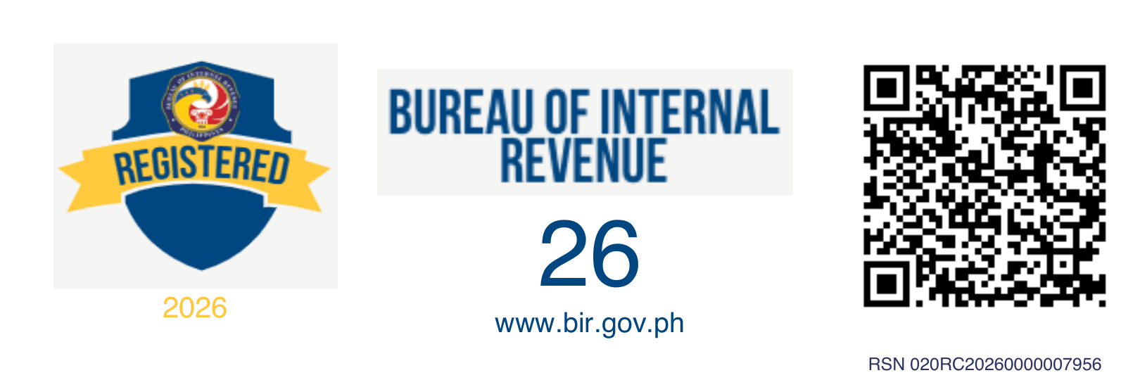 BIR Registration Seal Badge โ Registered 2026, Bureau of Internal Revenue, RSN 020RC20260000007956