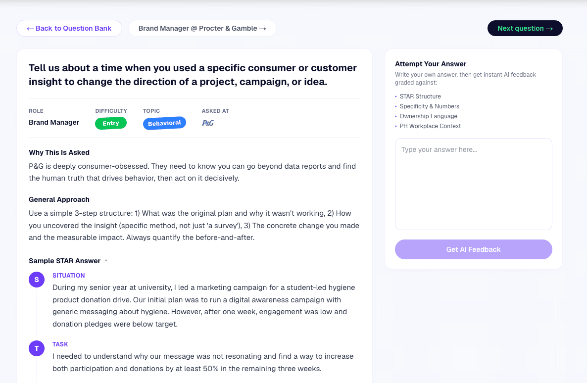 Practice the real questions Practice the real questions: Work through them with full STAR-format sample answers and Philippine-specific context on each one.